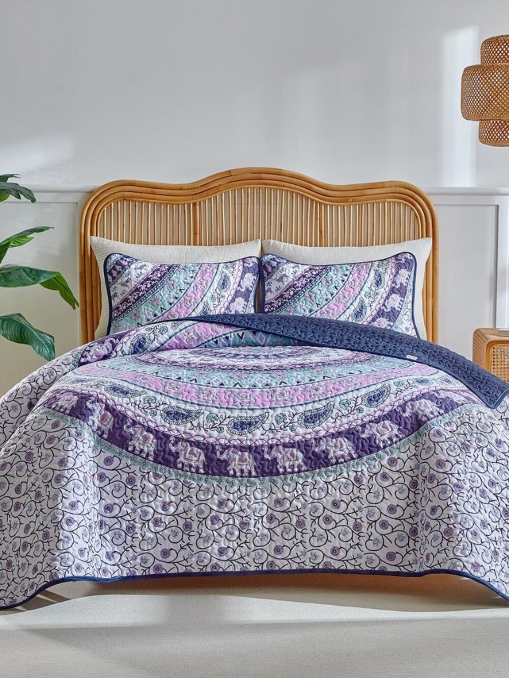 Boho Quilt Set King Size - Reversible Summer Bohemian Quilt Bedding Set, 3